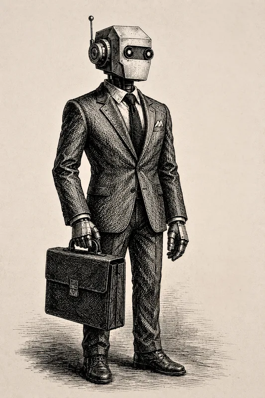 A vintage engraved robot in a business suit holding a briefcase, the MarketJargon mascot.
